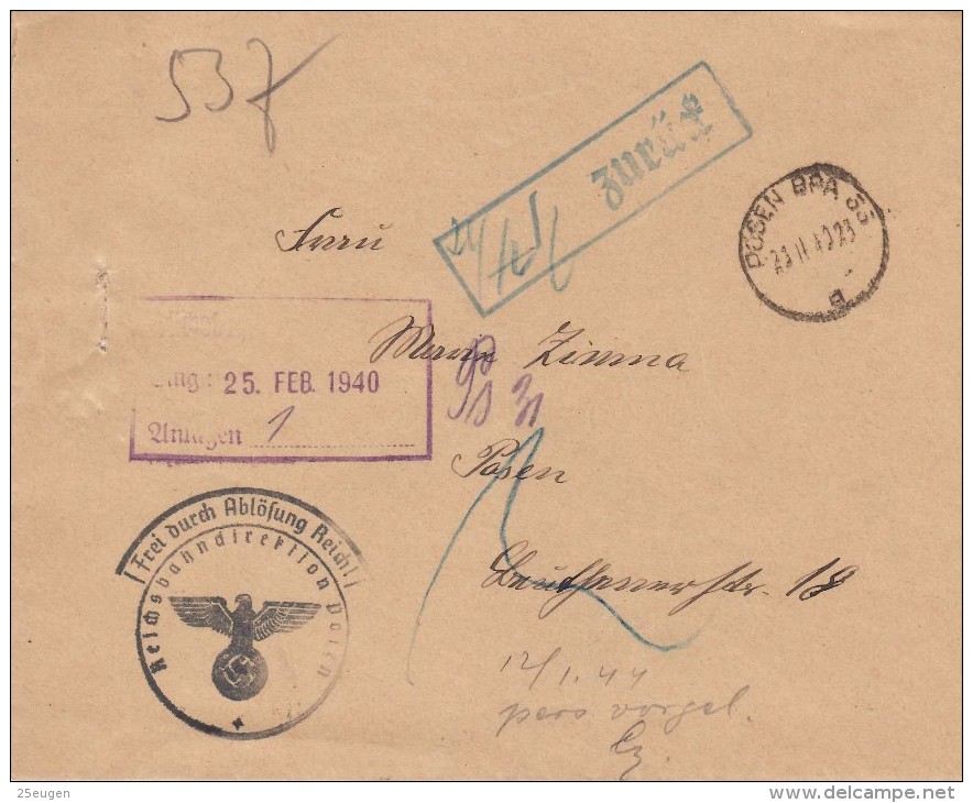 GERMAN OCCUPATION  1940  LETTER SENT FROM POZNAN - Otros & Sin Clasificación