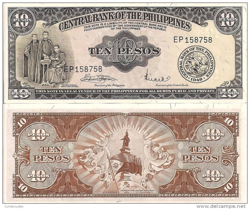 Philippines P-136f, 10 Peso, Fathers Burgos, Gomez & Zamora, 1949, CRISP UNC! - Filippine