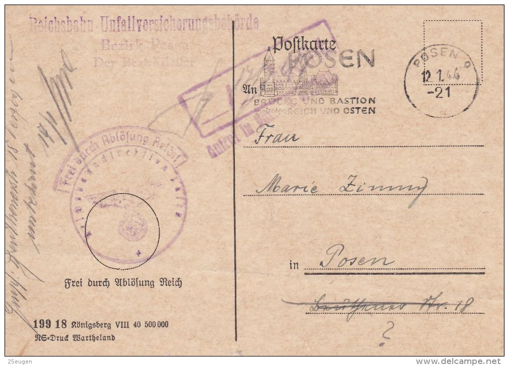 GREMAN OCCUPATION  1944  POSTCARD SENT FROM POZNAN - Other & Unclassified