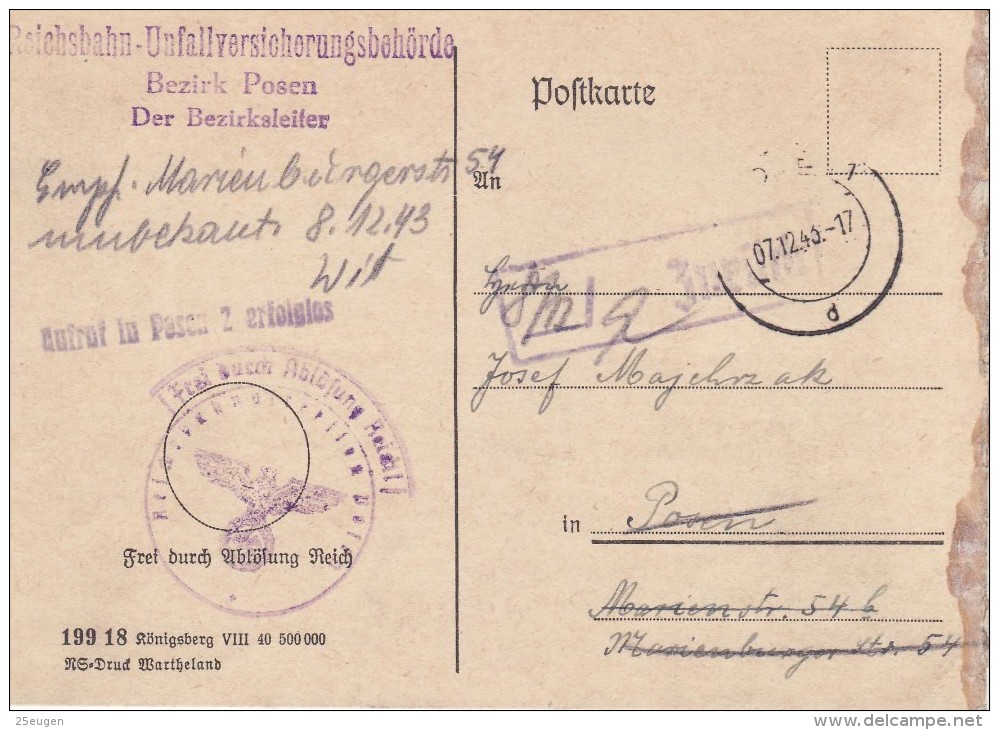 GERMAN OCCUPATION 1943  POSTCARD SENT FROM POZNAN - Autres & Non Classés
