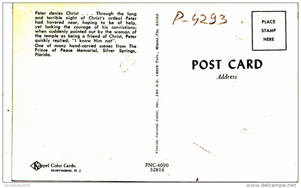 P4293 Peter Denies Christ Silver Springs Florida   USA Front/back Image - Silver Springs