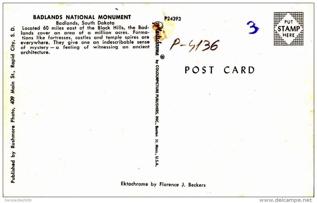 P4136 South Dakota Badlands National Monument USA  Front/back Image - Autres & Non Classés