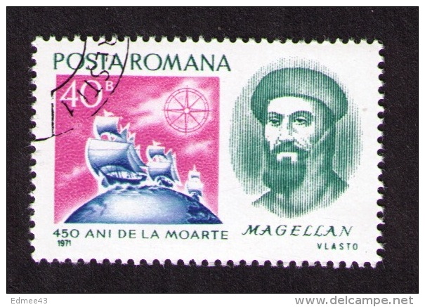 Timbre Oblitéré Roumanie, 450e Anniversaire De La Mort De Magellan, 40, 1971 - Explorateurs
