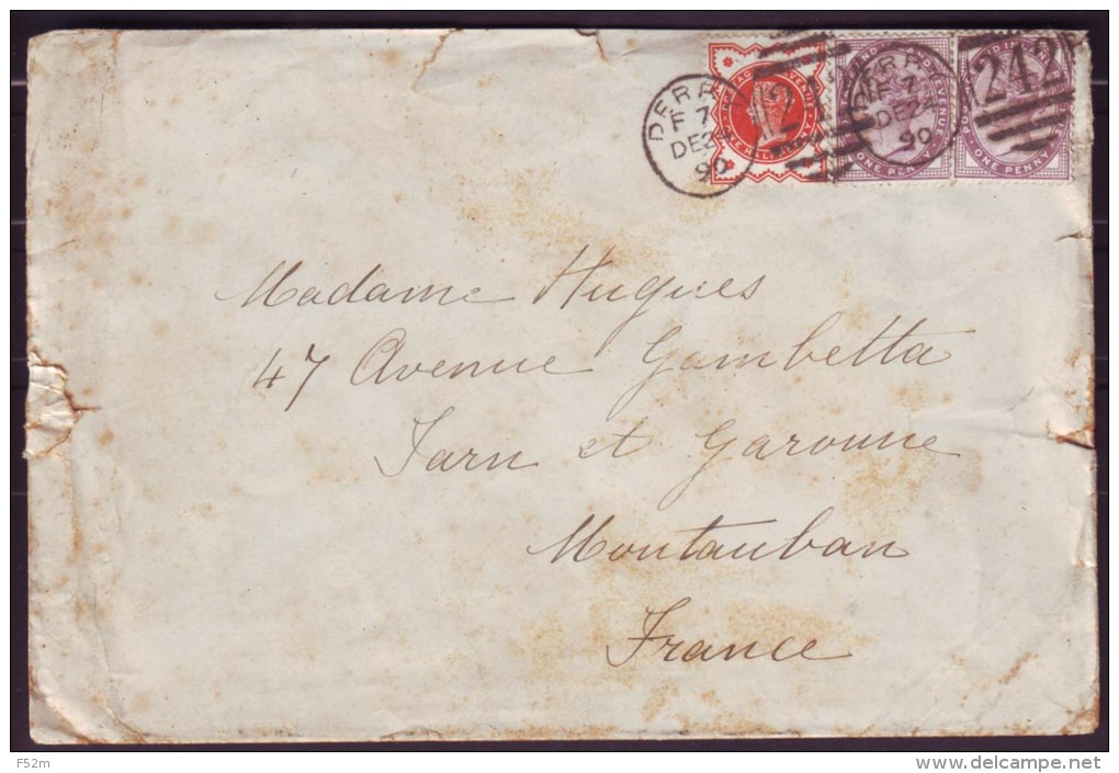 LSC Tàd Derry  + 2 X 1 Penny Violet (73) + 1/2 Penny Red (91) Pour Montauban (France, Tarn & Garonne) - Lettres & Documents