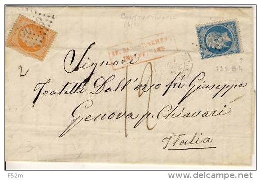 TURQUIE, LAC, Tàd Constantinople  + GC 5083 Sur N° 22 + 23 + "Affran Insuf" Rouge + Taxe 12 (2ème éch) Pour ITALIE - 1862 Napoléon III