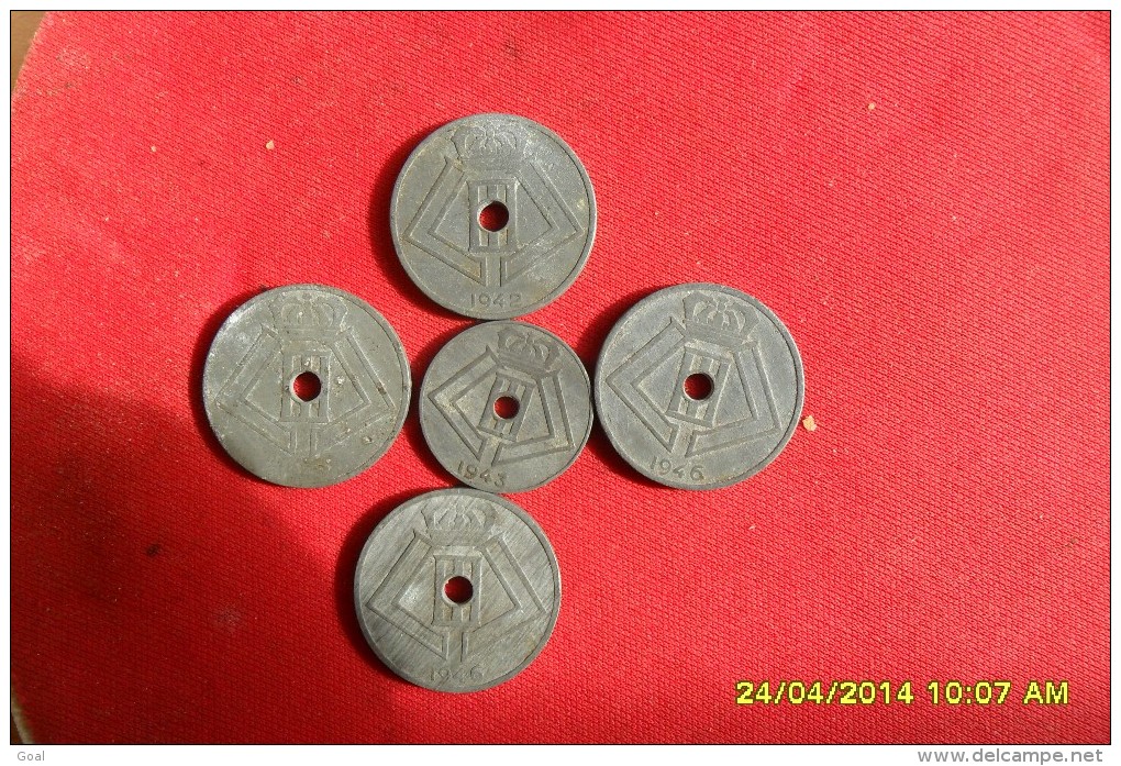 Lot De 5 Monnaies De Belgique/ 10 Ctmes Et 25 Ctmes/1942/43/45/46 En TTB+ - 25 Cents