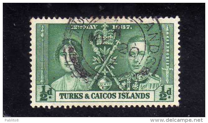TURKS AND CAICOS 1937 CORONATION KING GEORGE VI INCORONAZIONE RE GIORGIO 1/2 D USED - Turks & Caicos (I. Turques Et Caïques)