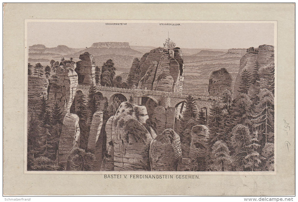 Stich Ansicht Basteibrücke Bastei Vom Ferdinandstein Gesehen Rathen Zschirnstein Ca. 19 X 13 Cm Sächsische Schweiz - Lithographien