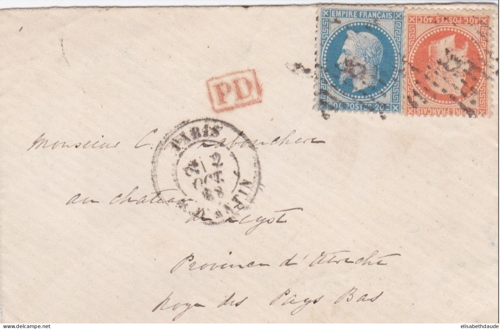 1868 - EMPIRE LAURE - ENVELOPPE De PARIS Pour UTRECHT (PAYS-BAS) - 1863-1870 Napoléon III Lauré