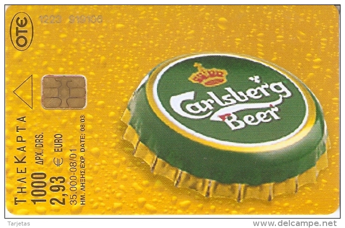 TARJETA DE GRECIA DE CERVEZA CARLSBERG DE TIRADA 35000 (BEER) (2 FOTOS) CHAPA - Publicidad