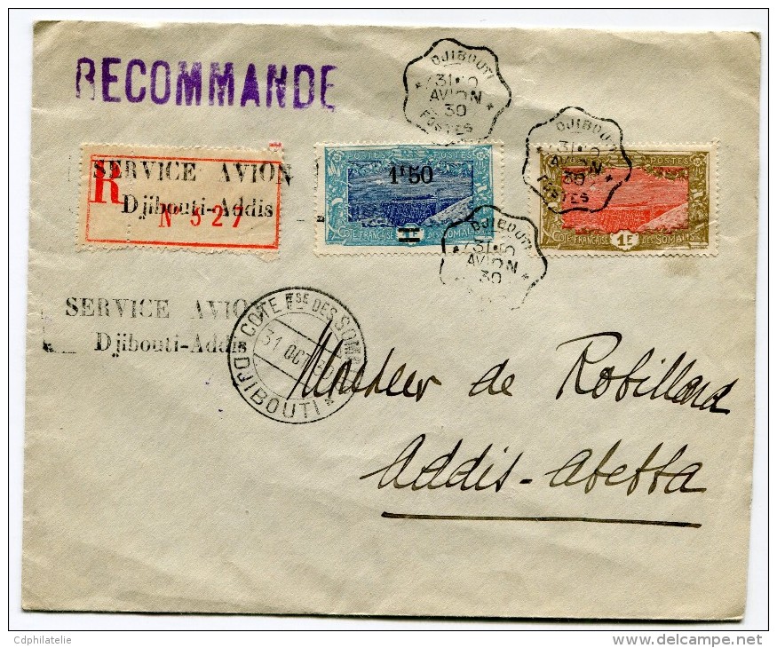 COTE FRANCAISE DES SOMALIS LETTRE RECOMMANDEE AVEC GRIFFE SERVICE AVION DJIBOUTI - ADDIS  DEPART DJIBOUTI 31 OCT 30 - Lettres & Documents