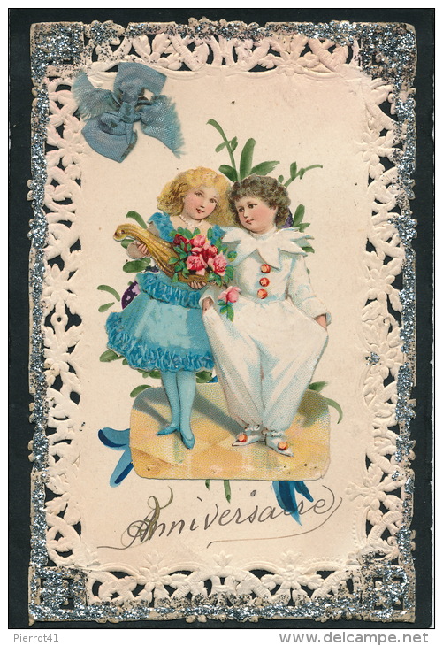 ENFANTS - LITTLE GIRL - Jolie Carte Fantaisie Dentelle Fleurs Et Ajoutis Enfants Et Ruban "Anniversaire " - Dessins D'enfants