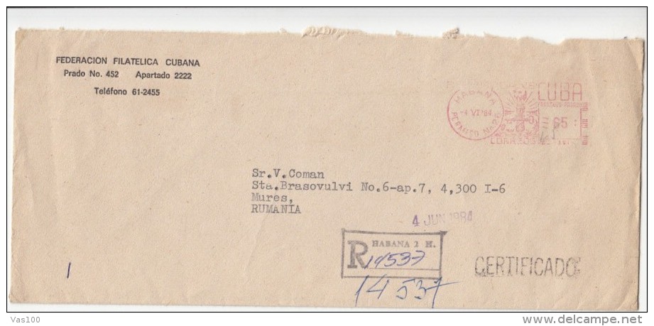 AMOUNT 65, HAVANA, MACHINE RED STAMPS ON REGISTERED COVER, 1984, CUBA - Covers & Documents