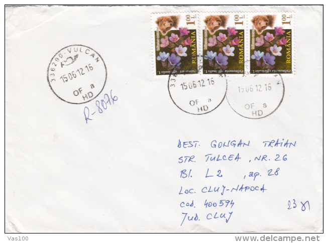FLOWERS, BEAR, STAMPS ON REGISTERED COVER, 2012, ROMANIA - Storia Postale