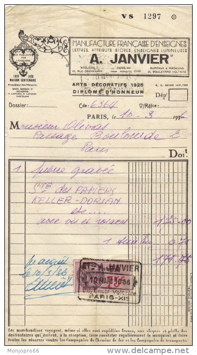 Facture De La Manufacture Française D'Enseignes A. JANVIER De Paris Et De 1936 Avec Timbre Fiscal - 1/2 A4 - 1900 – 1949