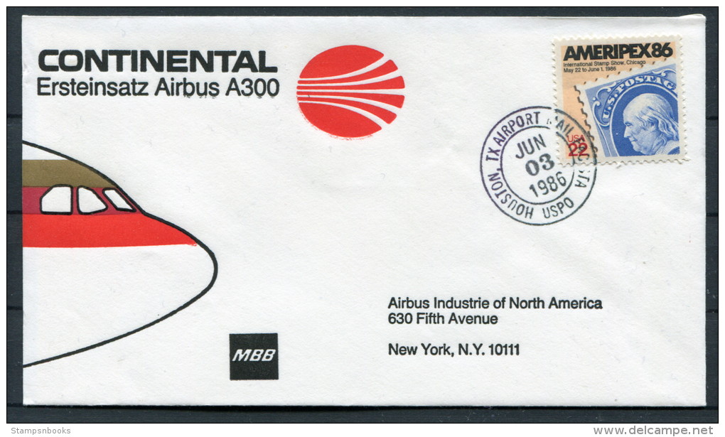 1986 USA Houston Texas Continental MBB Airbus A300 First Flight Cover - Autres & Non Classés