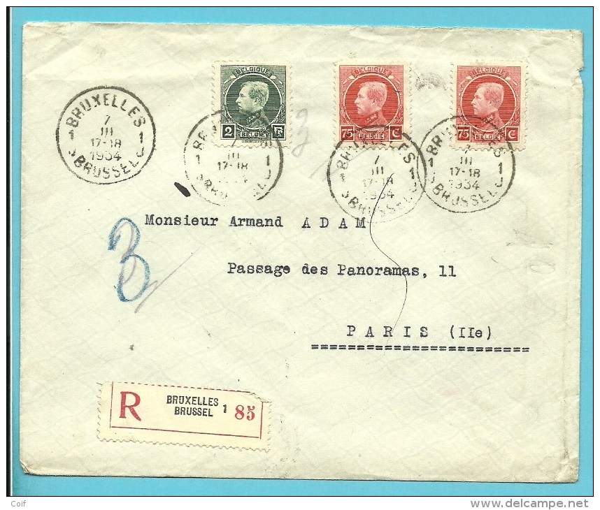 212 (x2)+216 Op Brief Aangetekend Met Stempel BRUXELLES Naar PARIS (France) - 1921-1925 Petit Montenez