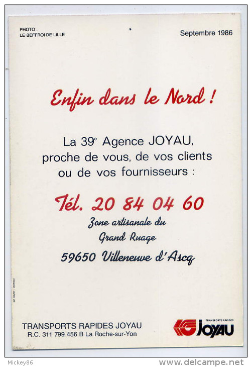 VILLENEUVE D'ASCQ--1986--carte Publicitaire "Transports Rapides JOYAU"--photo Beffroi De Lille--10 X 15 - Villeneuve D'Ascq