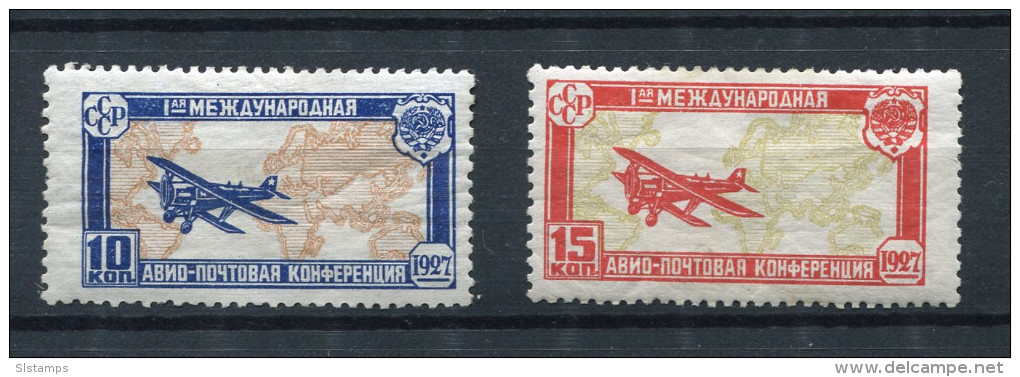 Russia 1927 Mi 326-7 Lyapin 255-6 MLH Airplane Over Map Of World CV 65 Euro - Unused Stamps