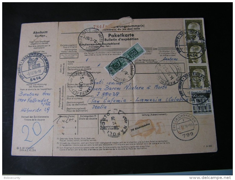 == BRD Vallendar  Paketkarte Italien Nachporto  1971 - Pacchi In Concessione