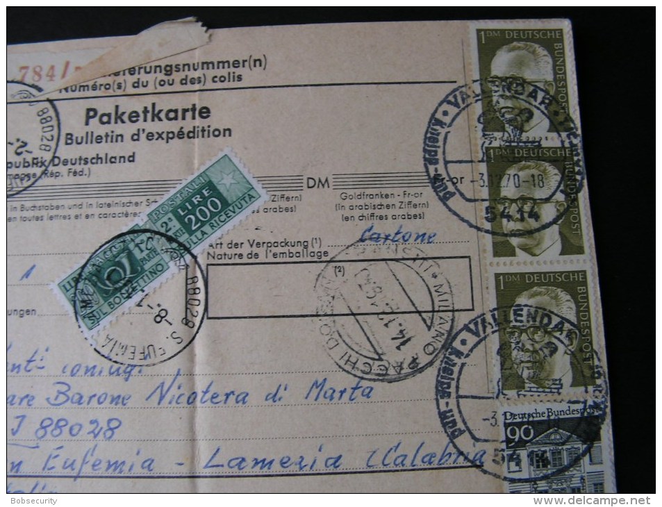 == BRD Vallendar  Paketkarte Italien Nachporto  1971 - Colis-concession