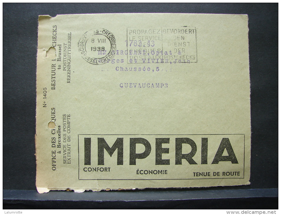 LetDoc. 94. Enveloppe. Office Des Chèques 1938 Voiture IMPERIA  Et Au Verso Zeebrugge Musée De La Guerre 1914-1918. - ...-1959