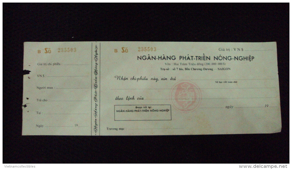 South Vietnam Viet Nam Unused Check Cheque Of Ngan Hang Phat Trien Nong Nghiep Saigon - Non Classés