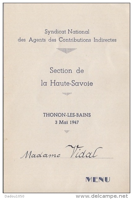 Menu 1947  Thonon Les Bains - Menus