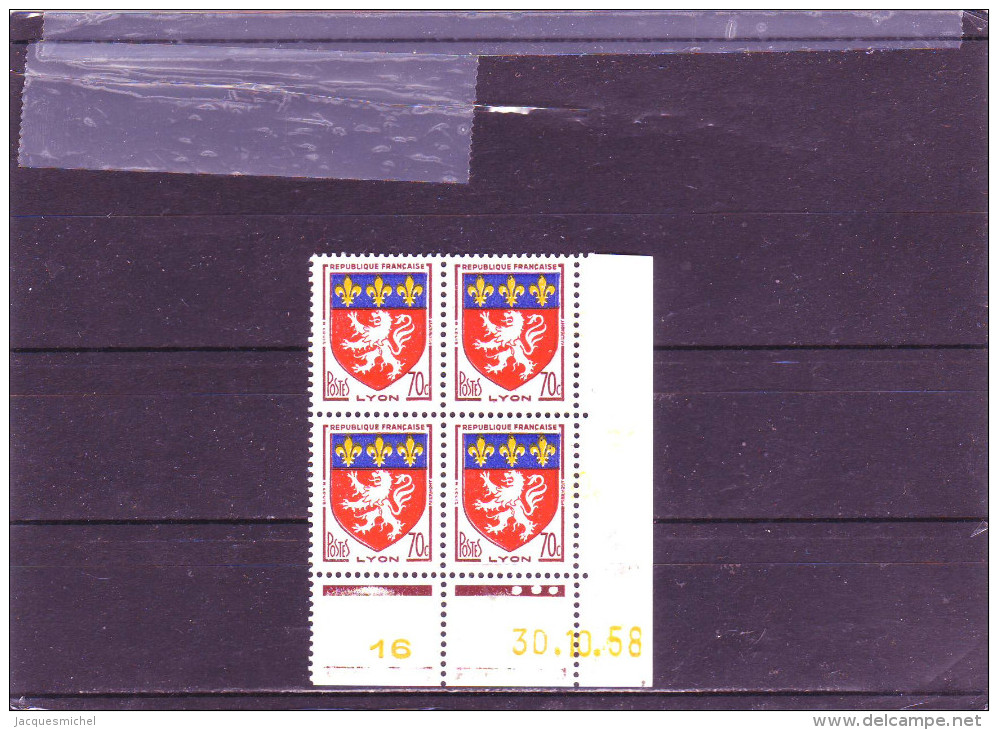 N° 1181 - 70c Blason De LYON - A De A+B - Tirage Du 23.10.58 Au 4.11.58 - 30.10.1958 - - 1950-1959