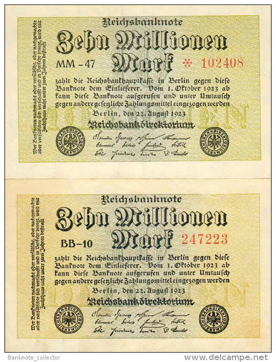 Deutschland, Germany - 2 X 10 Mio. Mark, Reichsbanknote, Ro. 105 A & C, UNC & VF, 1923 ! - 10 Miljoen Mark