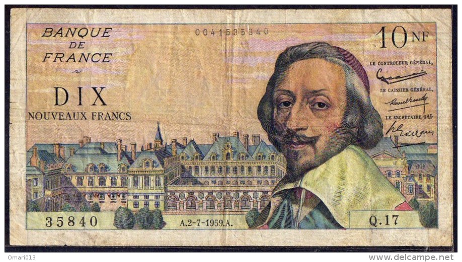 BILLET De FRANCE - 10 NF ( Nouveaux Francs). RICHELIEU - A.02- 07 - 1959 .A - 35840 - Q17. - 10 NF 1959-1963 ''Richelieu''