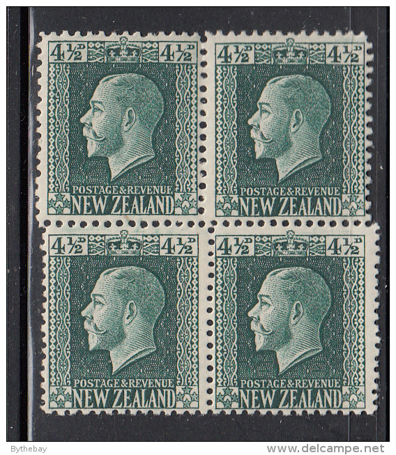 New Zealand SG #423, #423a Scott #152 4 1/2p George V, Dark Green Block Of 4 Top Pair Perf 14x13.5; Bottom Pair 14x14.5 - Neufs