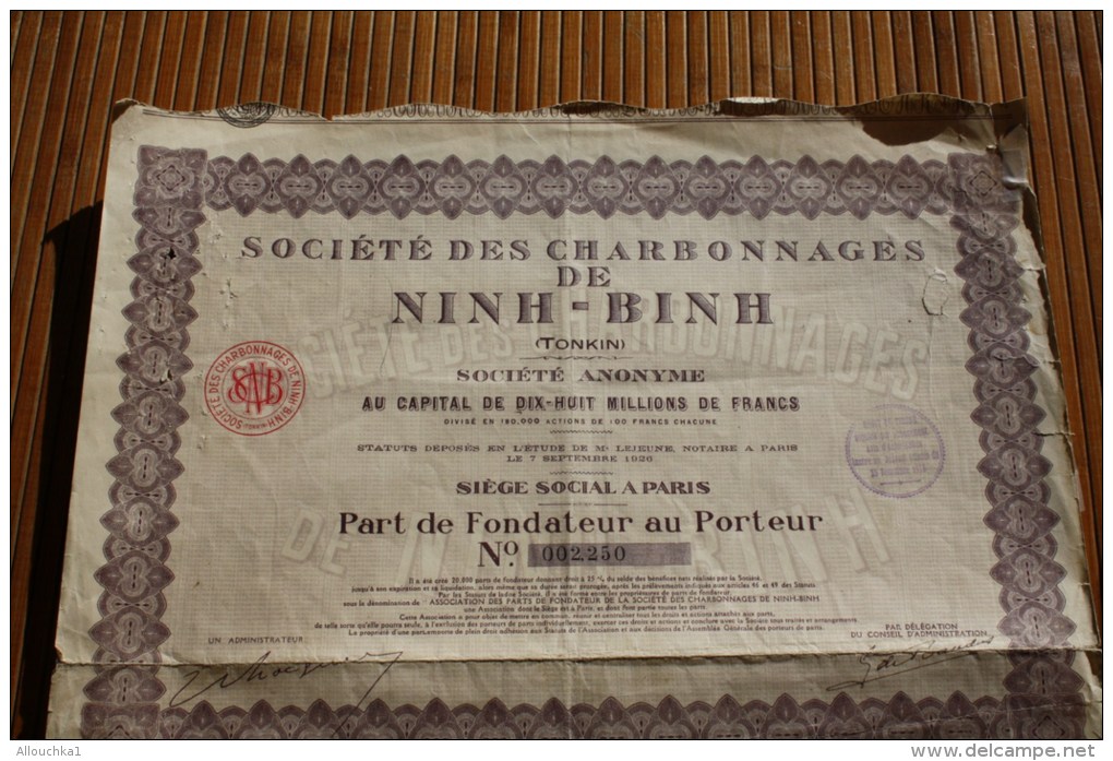 1926-société Des Charbonnages De NINH-BINH (Tonkin ) Indochine Part Fondation Porteur  Titre Action Scripophilie - Asien
