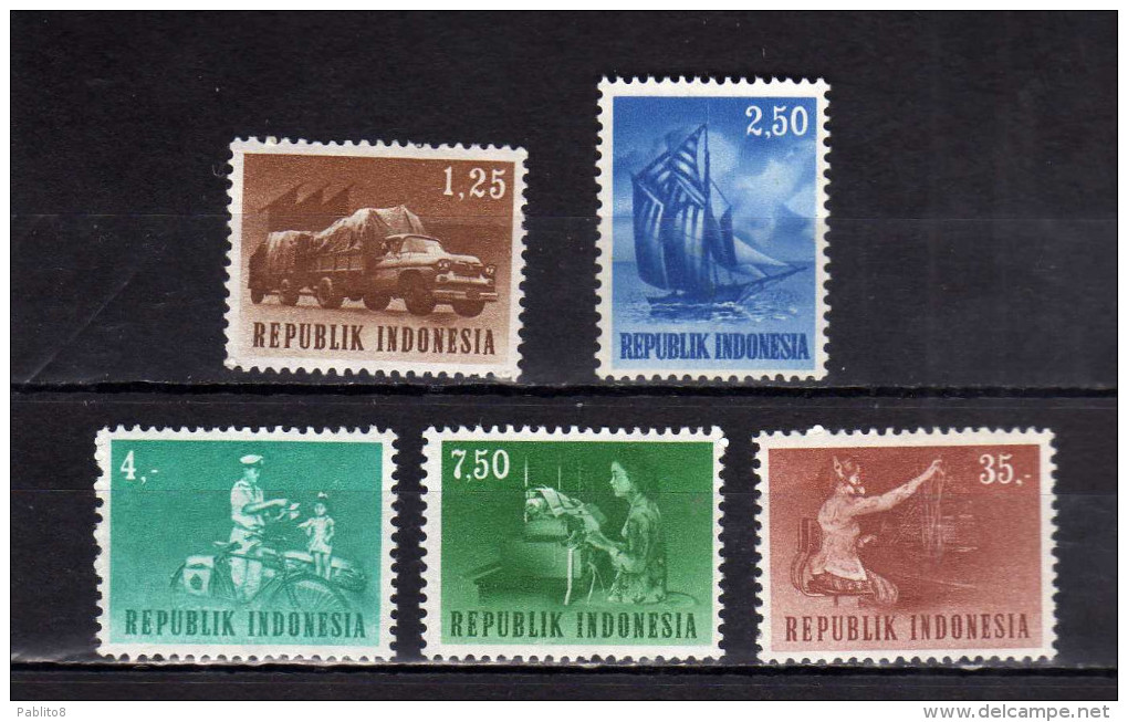 INDONESIA 1964 TRAILER TRUCK BUGINESE SAILBOAT MAILMAN BICYCLE TELETYPE OPERATOR Telephone Switchboard MNH - Indonesia