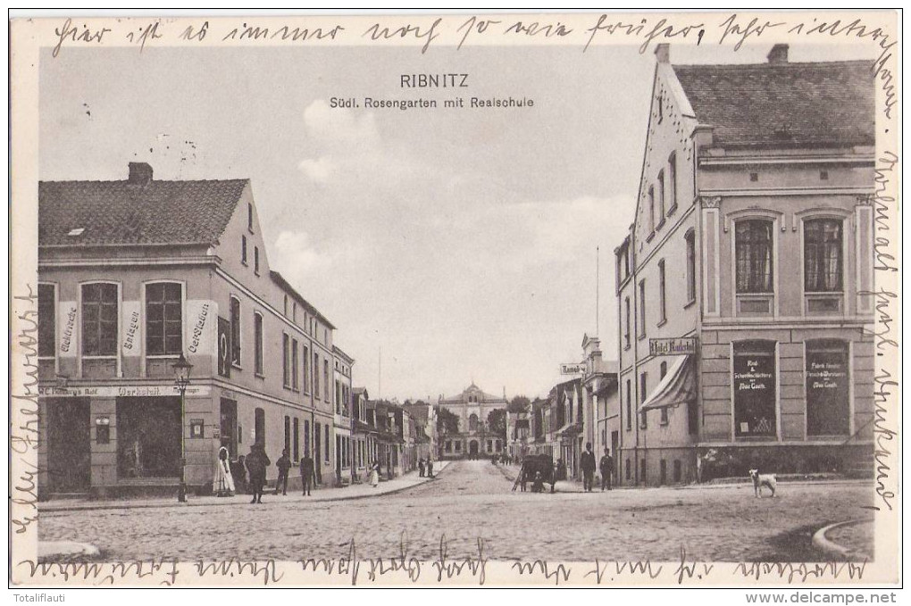 RIBNITZ Süd Rosengarten Realschule Hotel Kaiserhof Caeth Rind Schweineschlächter 3.2.1914 Gelaufen - Ribnitz-Damgarten