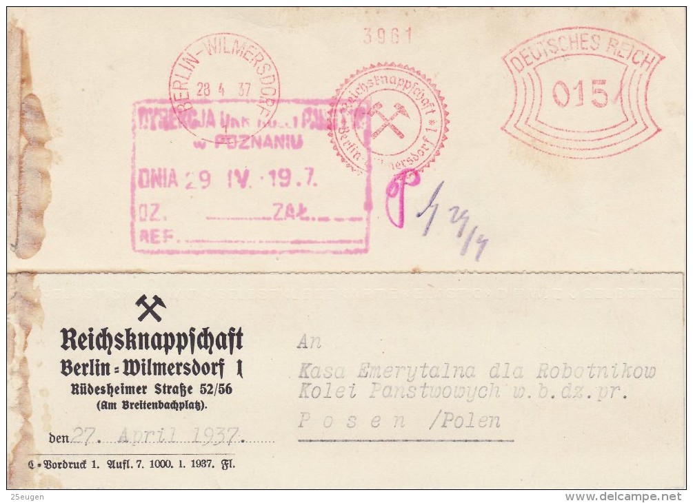 GERMANY THIRD REICH  1937  POSTCARD SENT FROM BERLIN TO POZNAN - Other & Unclassified