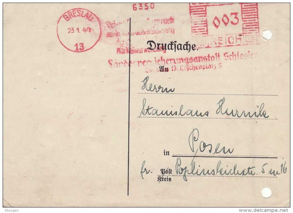 GERMAN OCCUPATION 1940  POSTCARD SENT FROM WROCLAW TO POZNAŃ - Altri & Non Classificati