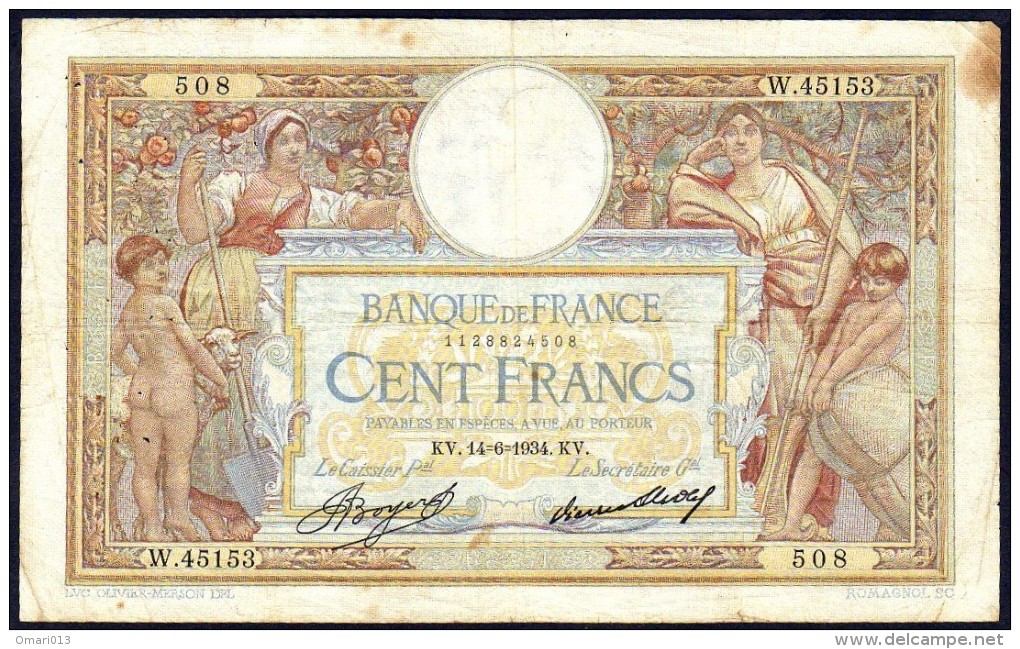 Billet De Banque (France) - 100 Francs  Luc Olivier MERSON - KV. 14/06/1934. KV  - W45153,  N°: 508 - 100 F 1908-1939 ''Luc Olivier Merson''