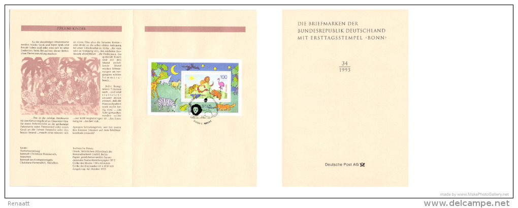 Germany 1995 Mi. Block 34 FDC Folder, Für Uns Kinder, Animals, Giraffe Zebra Lion Tiger Goat Frog - Altri & Non Classificati