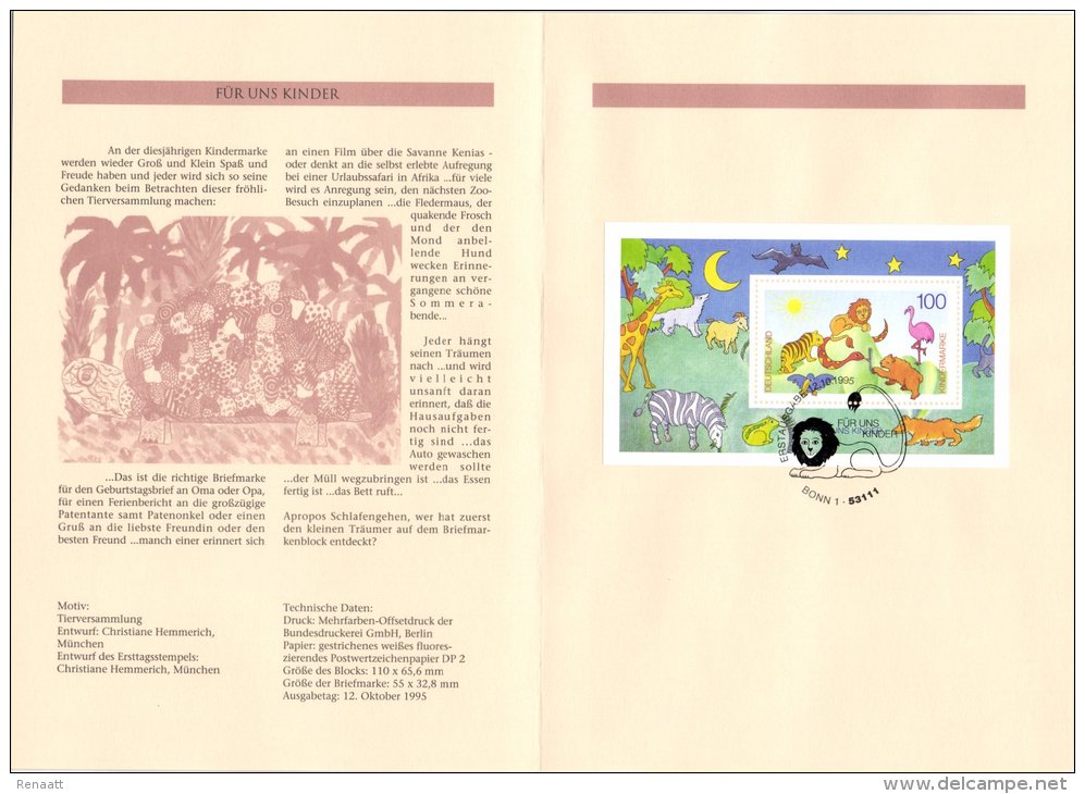 Germany 1995 Mi. Block 34 FDC Folder, Für Uns Kinder, Animals, Giraffe Zebra Lion Tiger Goat Frog - Altri & Non Classificati