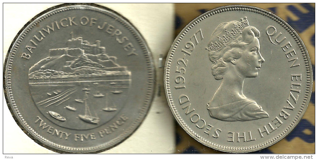 JERSEY 25 PENCE 25TH ANNIVERSARY SHIP  FRONT QEII HEAD BACK 1977 UNC KM? READ DESCRIPTION CAREFULLY !!! - Jersey