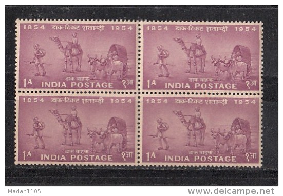 INDIA, 1954, Postage Stamp Centenary, Set 4 V, Mail, Airmail, Transport, Pigeon Post, 1 A, Block Of 4, MNH, (**) - Ungebraucht