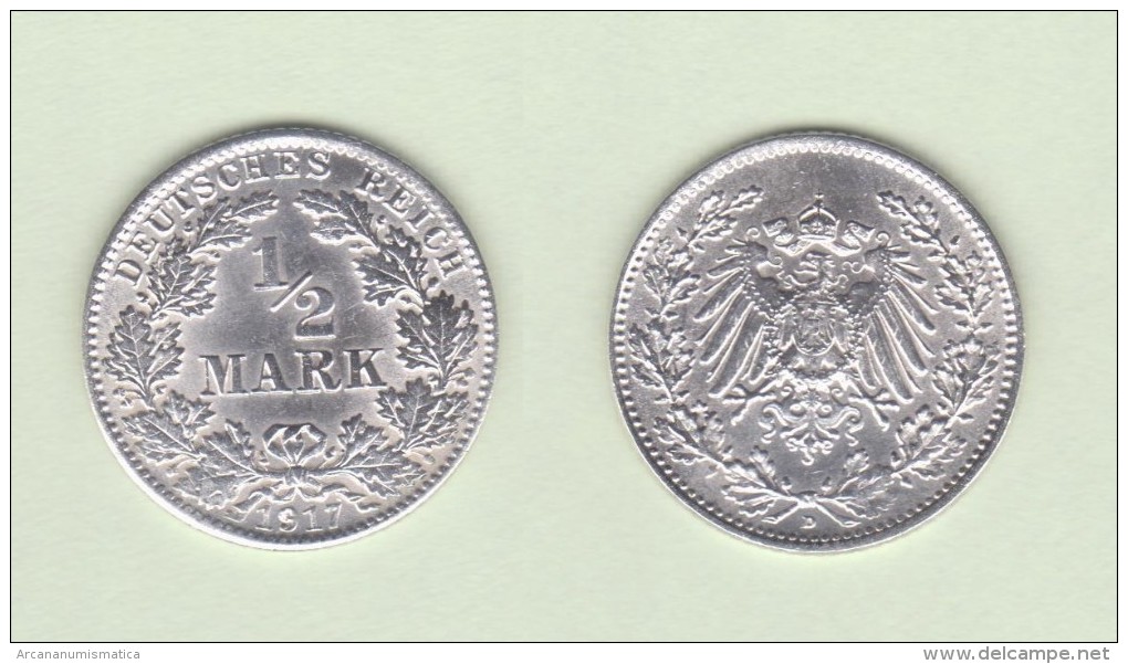 ALEMANIA  / GERMANY (IMPERIO)  1/2  MARCO  PLATA /SILVER   1.917 D  KM#17  SC-/UNC-    DL-10.905 - 1/2 Mark