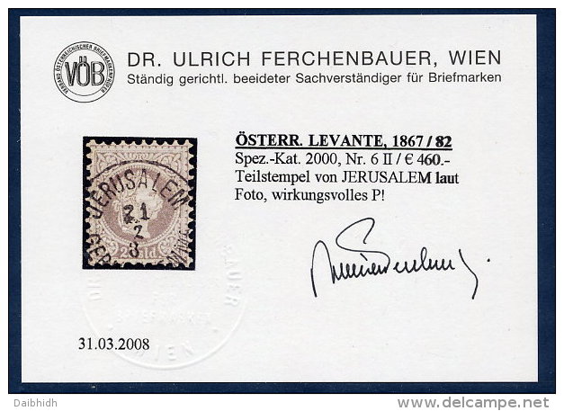 AUSTRIA PO In The LEVANT 1875 Franz Joseph Fine Print 25 Soldi Used With Certificate. . Michel 6 II - Eastern Austria
