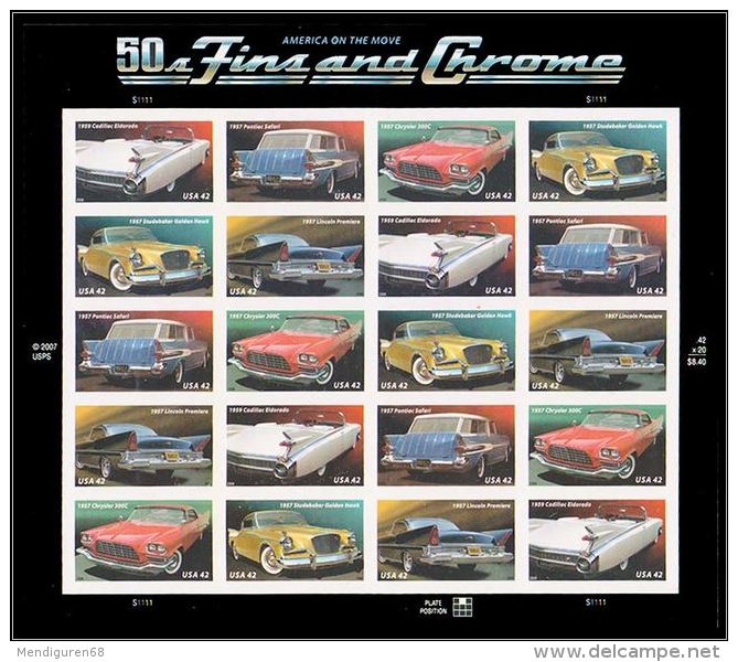 USA 2008 Tail Fins And Chrome Pane Of 20  $8.40 MNH SC 4353-57sp YV BF4118-23 MI B-4447-53 SG MS4904-08 - Hojas Completas