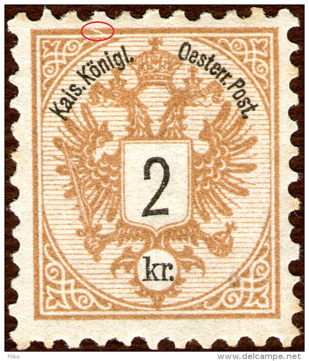 Austria,1883, 2 Kr.,Mi#44B Var.,Scott#41 Var.error Shown On Scan,perf:10 X 10 1/2, - MNH,**,as Scan - Ungebraucht
