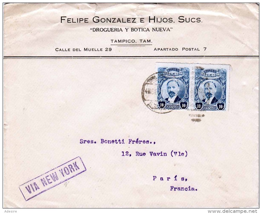 MEXICO 1917 - 2 X 10 Centavos Auf Geschäftsbrief Von Tambico Mexico &gt; New York &gt; Paris - Mexico