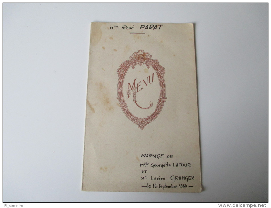 Alte Speisekarte / Menukarte / Menucard. Handgeschrieben / Handwritten!! 16.9.1950 Saint Raphael - Menu