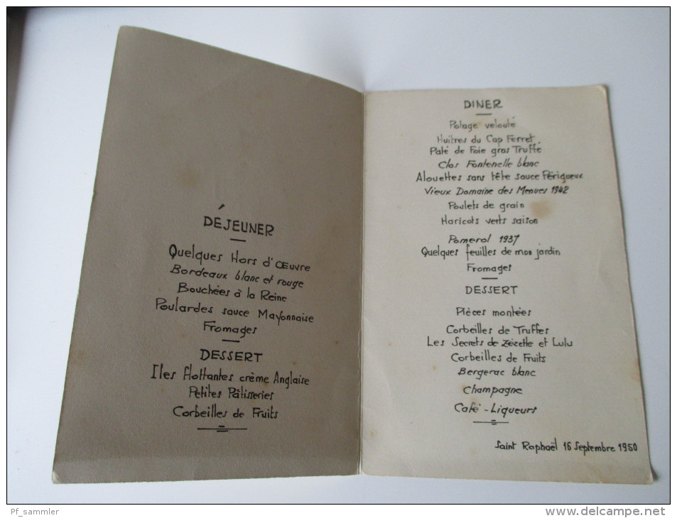 Alte Speisekarte / Menukarte / Menucard. Handgeschrieben / Handwritten!! 16.9.1950 Saint Raphael - Menus