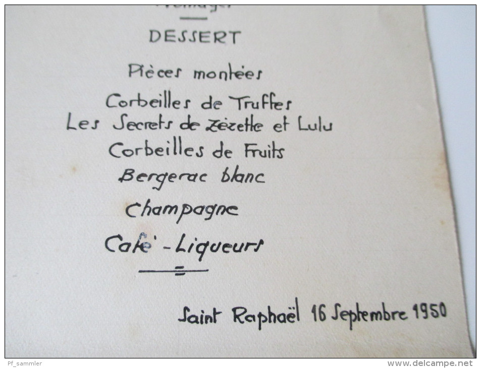 Alte Speisekarte / Menukarte / Menucard. Handgeschrieben / Handwritten!! 16.9.1950 Saint Raphael - Menus